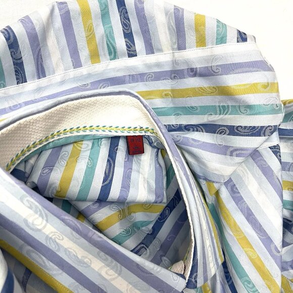 Robert Graham Men’s Large 42 16 1/2 Blue Striped Flip Cuff Shirt - Picture 3 of 5